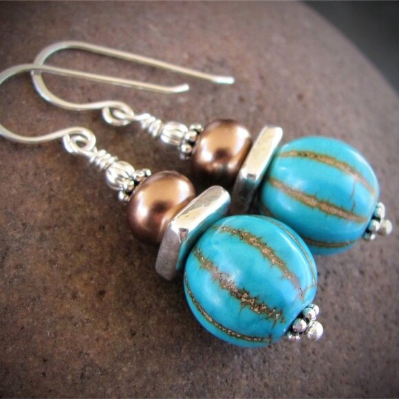 Southwestern Earrings Turquoise Stone Sterling Silver Hooks - Picture 2 of 8